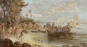 Oscar Pereira da Silva's 1902 portrayal of Cabral's arrival in Brazil.